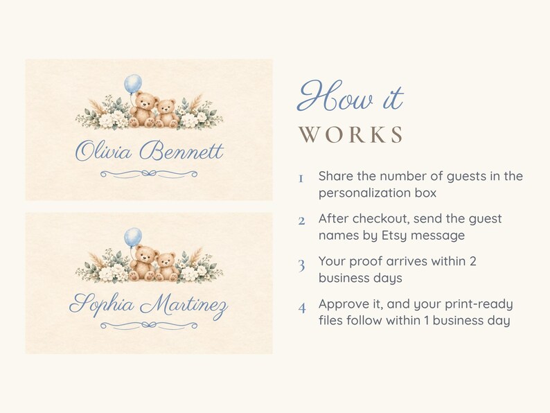 May include: Two rectangular cards featuring a watercolor illustration of two teddy bears, a blue balloon, and floral arrangements. The names Olivia Bennett and Sophia Martinez are printed in blue script. Text on the right reads: How it WORKS, 1 Share the number of guests in the personalization box, 2 After checkout, send the guest names by Etsy message, 3 Your proof arrives within 2 business days, 4 Approve it, and your print-ready files follow within 1 business day.