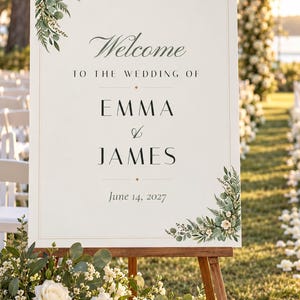 Custom Wedding Welcome Sign, Greenery Welcome Sign with Names and Date, Eucalyptus Wedding Sign, Printable 24x36 Digital File image 1