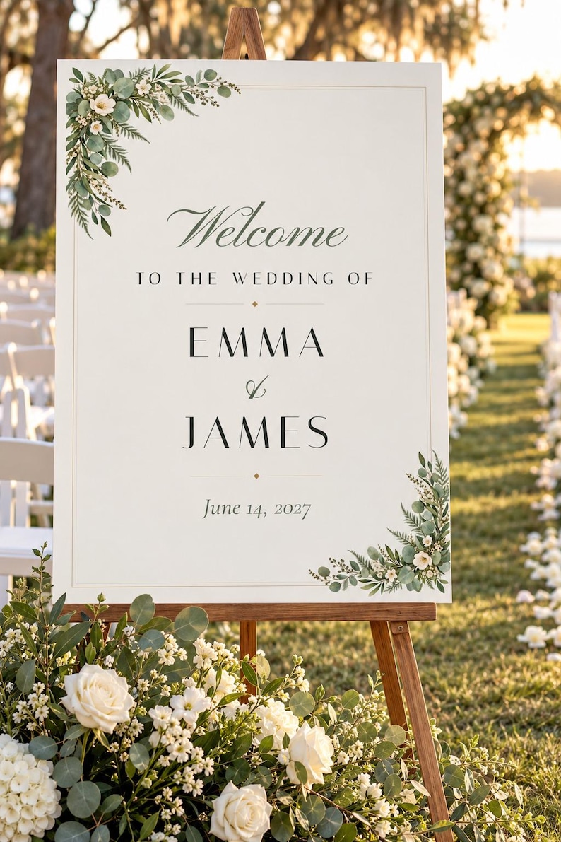 Custom Wedding Welcome Sign, Greenery Welcome Sign with Names and Date, Eucalyptus Wedding Sign, Printable 24x36 Digital File image 1