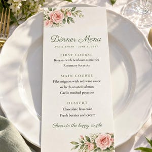 Custom Engagement Party Menu, We're Engaged Menu Card, Blush Rose Place Setting Menu, Printable 4x9 Digital File