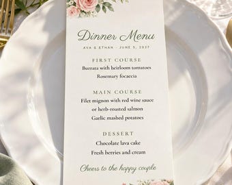 Menù personalizzato per la festa di fidanzamento, menù "Siamo fidanzati", menù con segnaposto a tema rose rosa, file digitale stampabile 4x9