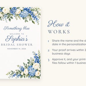 Custom Bridal Shower Welcome Sign, Something Blue Floral Sign, Blue Hydrangea Bridal Shower Decor, Printable 24x36 Digital File image 4