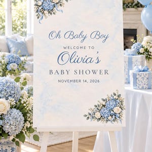 Custom Baby Shower Welcome Sign, Oh Baby Boy Blue Bow Sign, Floral Corner Baby Boy Shower Decor, Printable 24x36 Digital File image 1