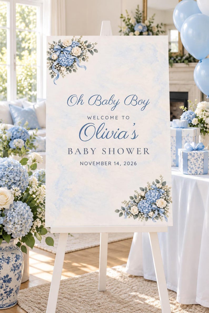Custom Baby Shower Welcome Sign, Oh Baby Boy Blue Bow Sign, Floral Corner Baby Boy Shower Decor, Printable 24x36 Digital File image 1