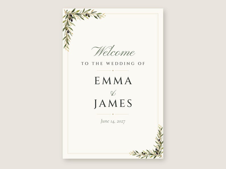 Custom Wedding Welcome Sign, Olive Branch Welcome Sign with Names and Date, Olive Leaf Wedding Sign, Printable 24x36 Digital File image 2