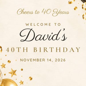 Custom Birthday Welcome Sign, Cheers to 40 Years Sign, Black and Gold Balloons Birthday Decor, Printable 24x36 Digital File image 3