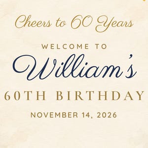 Custom Birthday Welcome Sign, Cheers to 60 Years Sign, Navy and Gold Balloon Arch Birthday Decor, Printable 24x36 Digital File image 3