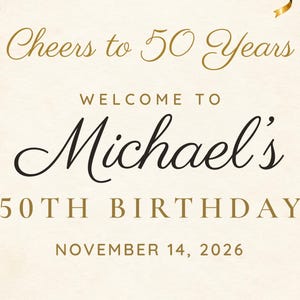 Custom Birthday Welcome Sign, Cheers to 50 Years Sign, Black and Gold Balloon Birthday Decor, Printable 24x36 Digital File image 3