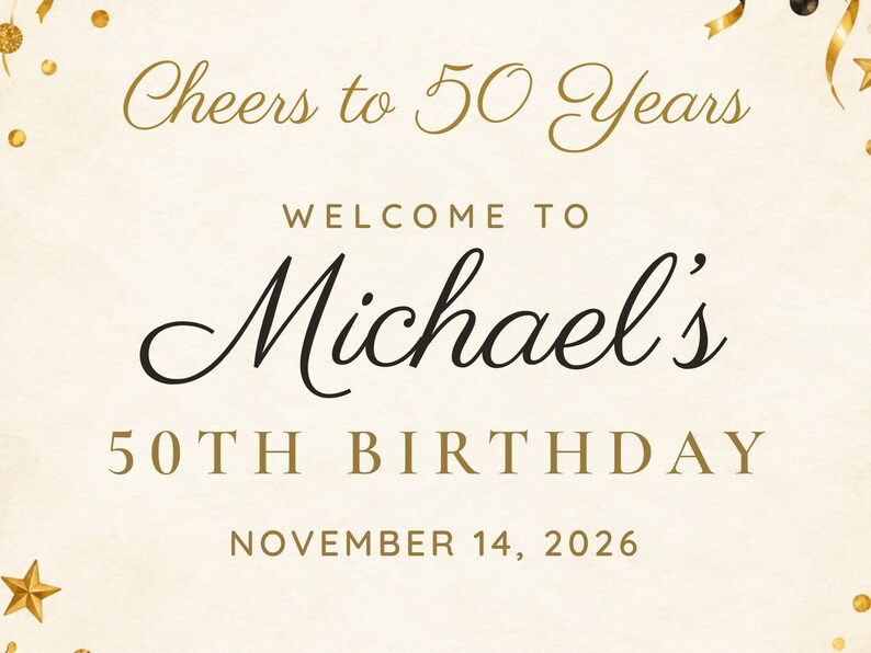 Custom Birthday Welcome Sign, Cheers to 50 Years Sign, Black and Gold Balloon Birthday Decor, Printable 24x36 Digital File image 3
