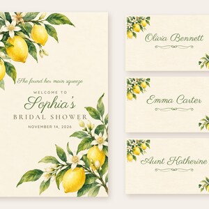 May include: A bridal shower invitation and three place cards featuring watercolor illustrations of yellow lemons, green leaves, and white blossoms. The text reads: She found her main squeeze, WELCOME TO Sophia's BRIDAL SHOWER, NOVEMBER 14, 2026, Olivia Bennett, Emma Carter, and Aunt Katherine.