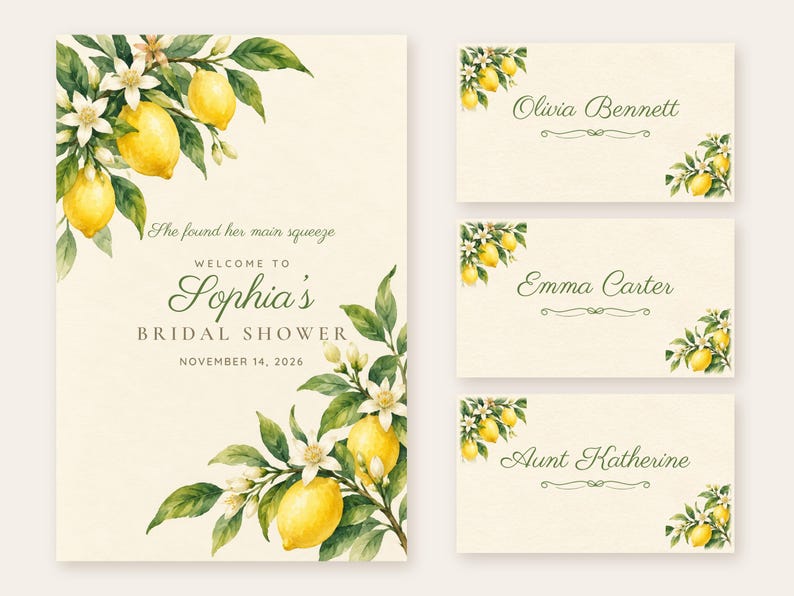 May include: A bridal shower invitation and three place cards featuring watercolor illustrations of yellow lemons, green leaves, and white blossoms. The text reads: She found her main squeeze, WELCOME TO Sophia's BRIDAL SHOWER, NOVEMBER 14, 2026, Olivia Bennett, Emma Carter, and Aunt Katherine.