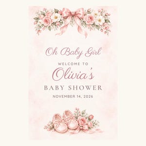 Custom Baby Shower Welcome Sign, Oh Baby Girl Pink Bow Sign, Ballet Shoes Baby Girl Shower Decor, Printable 24x36 Digital File image 2