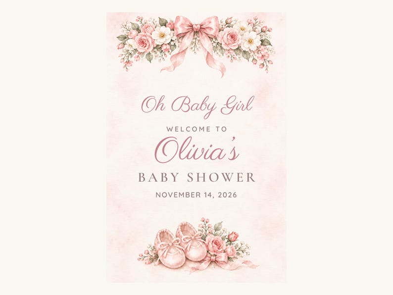 Custom Baby Shower Welcome Sign, Oh Baby Girl Pink Bow Sign, Ballet Shoes Baby Girl Shower Decor, Printable 24x36 Digital File image 2