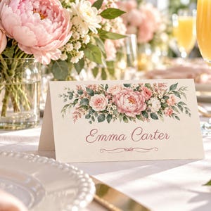 Bridal Shower Name Tents, From Miss to Mrs Place Cards, Blush Peony Luncheon Table Decor, Custom Printable Digital File image 1