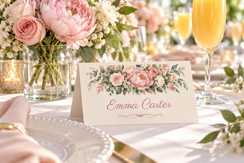 Bridal Shower Name Tents, From Miss to Mrs Place Cards, Blush Peony Luncheon Table Decor, Custom Printable Digital File image 1