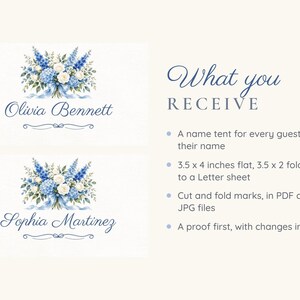 Tarjetas de identificación para despedida de soltera, tarjetas de lugar florales "Algo azul", decoración de mesa para almuerzo con ramo azul, archivo digital imprimible personalizado imagen 5