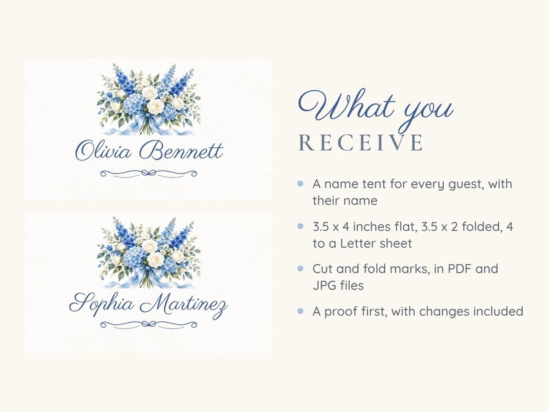 Tarjetas de identificación para despedida de soltera, tarjetas de lugar florales "Algo azul", decoración de mesa para almuerzo con ramo azul, archivo digital imprimible personalizado imagen 5