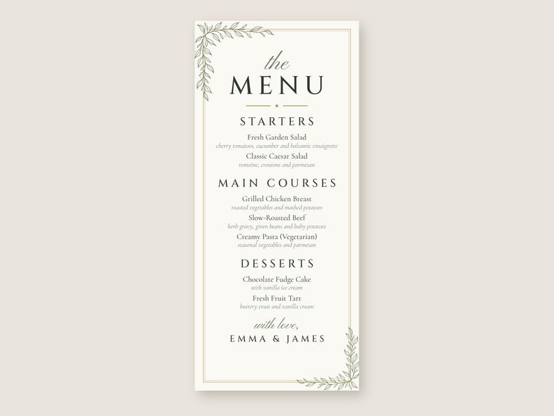 Custom Wedding Dinner Menu, Botanical Line Art Reception Menu Card, Minimalist Place Setting Menu, Printable 4x9 Digital File image 2