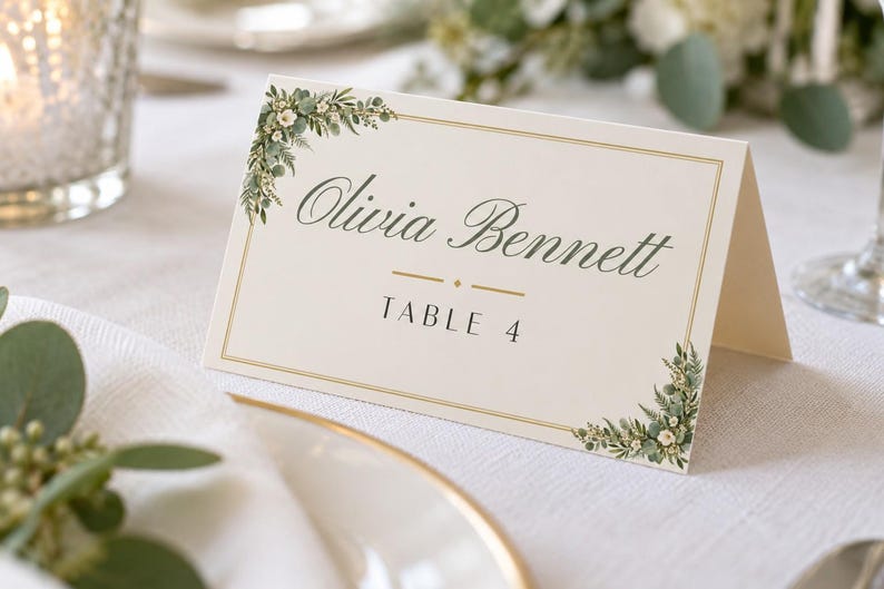 Pakket met gepersonaliseerde trouwborden, welkomstbord met groen, tafelindeling, naamkaartjes, menu- en barbord, printbare digitale bestanden. afbeelding 4