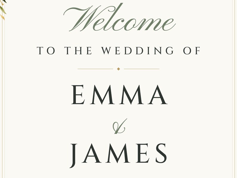 Custom Wedding Welcome Sign, Olive Branch Welcome Sign with Names and Date, Olive Leaf Wedding Sign, Printable 24x36 Digital File image 3