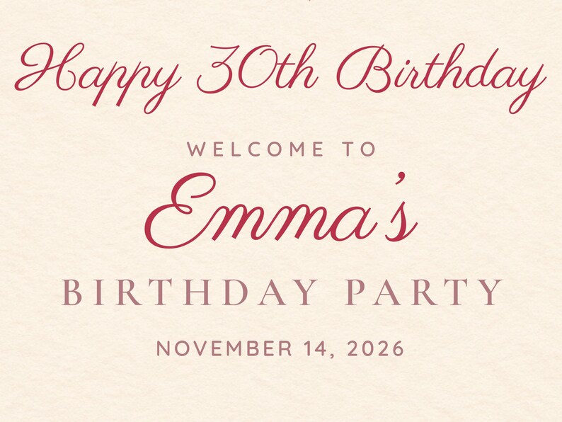 Custom Birthday Welcome Sign, Happy 30th Birthday Sign, Pink Heart Cake Birthday Decor, Printable 24x36 Digital File image 3