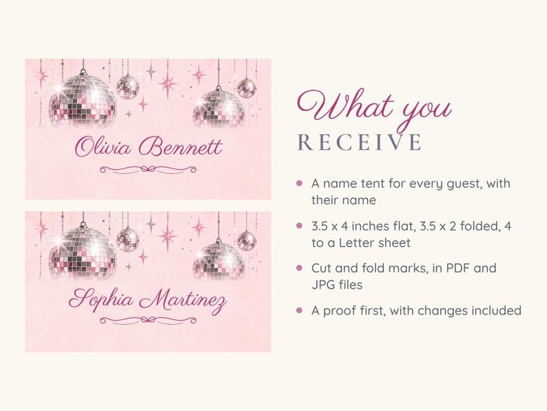Birthday Name Tents, Pink Disco Ball Place Cards, Disco Birthday Dinner Table Decor, Custom Printable Digital File image 5