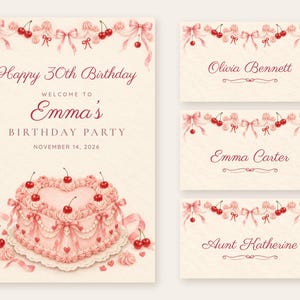 Willkommensschild und Namensschilder zum Geburtstag, Alles Gute zum 30. Geburtstag, Geburtstagsdeko mit rosa Herzkuchen, individuell druckbare digitale Dateien Bild 1
