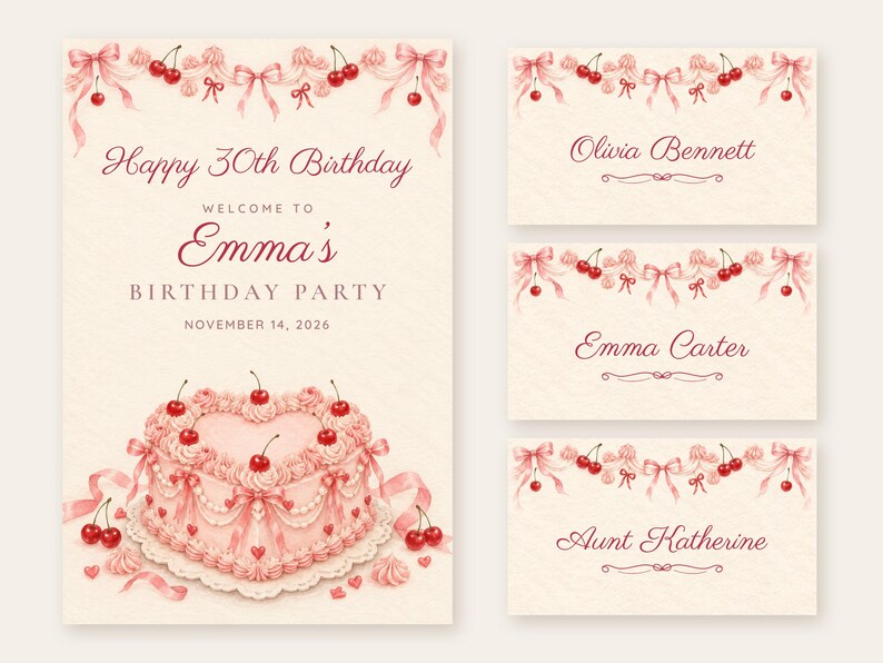 Willkommensschild und Namensschilder zum Geburtstag, Alles Gute zum 30. Geburtstag, Geburtstagsdeko mit rosa Herzkuchen, individuell druckbare digitale Dateien Bild 1