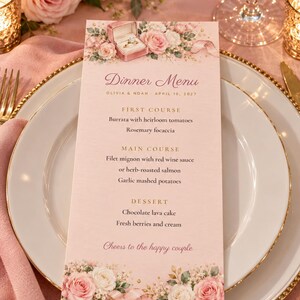 Custom Engagement Party Menu, She Said Yes Menu Card, Ring Box and Blush Rose Place Setting Menu, Printable 4x9 Digital File