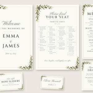 Custom Wedding Sign Bundle, Olive Branch Welcome Sign, Seating Chart, Name Tents, Menu and Bar Sign, Printable Digital Files image 1