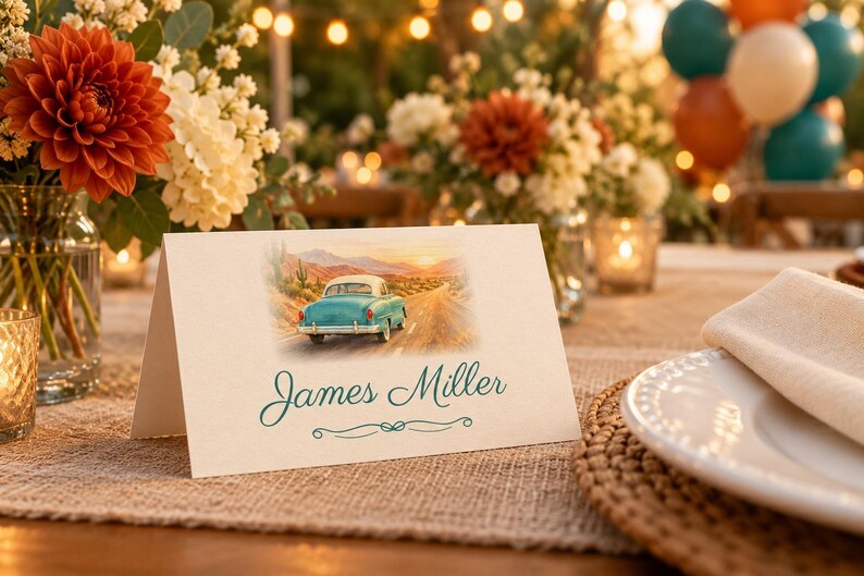 Birthday Welcome Sign and Name Tents Set, Vintage Edition, Retro Car Birthday Decor, Custom Printable Digital Files image 3