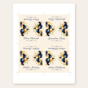 Tarjetas de cumpleaños con nombres, tarjetas de lugar con globos azul marino y dorado, decoración de mesa para cena de cumpleaños con el tema "¡Salud!", archivo digital imprimible personalizado. imagen 3