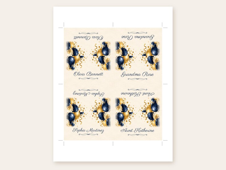 Tarjetas de cumpleaños con nombres, tarjetas de lugar con globos azul marino y dorado, decoración de mesa para cena de cumpleaños con el tema "¡Salud!", archivo digital imprimible personalizado. imagen 3