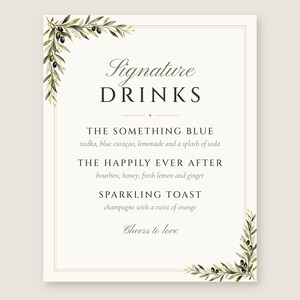 Custom Signature Drinks Sign, Olive Branch Wedding Bar Sign, Olive Leaf Cocktail Menu, Printable 8x10 Digital File image 2