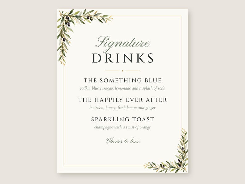 Custom Signature Drinks Sign, Olive Branch Wedding Bar Sign, Olive Leaf Cocktail Menu, Printable 8x10 Digital File image 2