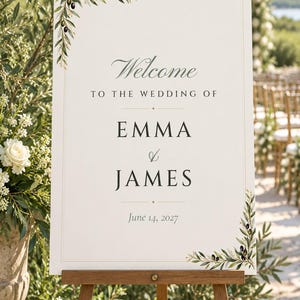 Custom Wedding Welcome Sign, Olive Branch Welcome Sign with Names and Date, Olive Leaf Wedding Sign, Printable 24x36 Digital File image 1