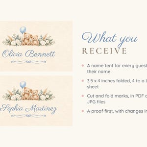 May include: Two rectangular name tents featuring a watercolor illustration of two teddy bears, a light blue balloon, and white flowers. The text reads Olivia Bennett and Sophia Martinez. The right side lists product details in 3.5 x 4 inches.