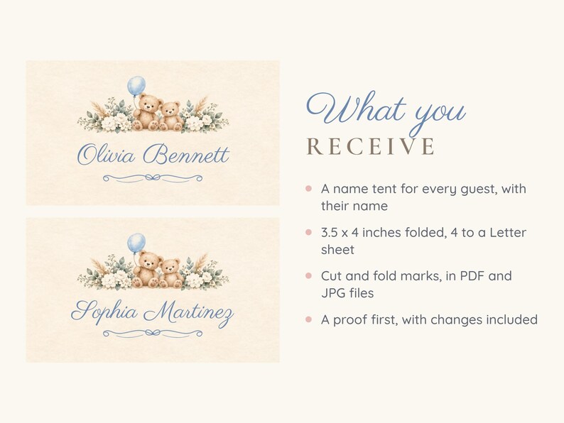 May include: Two rectangular name tents featuring a watercolor illustration of two teddy bears, a light blue balloon, and white flowers. The text reads Olivia Bennett and Sophia Martinez. The right side lists product details in 3.5 x 4 inches.