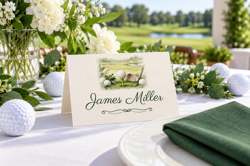 Birthday Name Tents, Golf Ball and Tee Place Cards, Golf Birthday Dinner Table Decor, Custom Printable Digital File image 1
