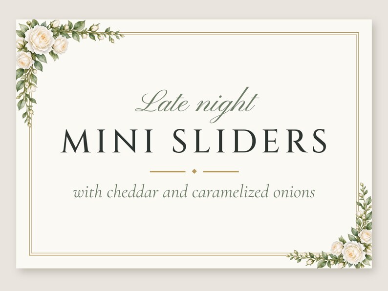 Custom Late Night Snack Sign, White Rose Wedding Food Label, Garden Rose Snack Tag, Printable 5x3.5 Digital File image 2