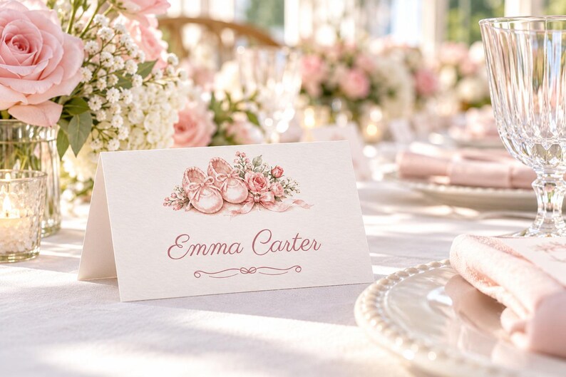 May include: A white folded place card featuring a watercolor illustration of pink baby shoes and roses at the top. The name Emma Carter is printed in a pink script font in the center, with a decorative flourish line underneath the name.