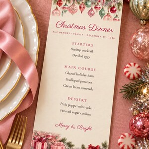 Custom Christmas Dinner Menu, Merry and Bright Menu Card, Retro Pink Tinsel Tree Place Setting Menu, Printable 4x9 Digital File