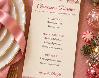 Custom Christmas Dinner Menu, Merry and Bright Menu Card, Retro Pink Tinsel Tree Place Setting Menu, Printable 4x9 Digital File