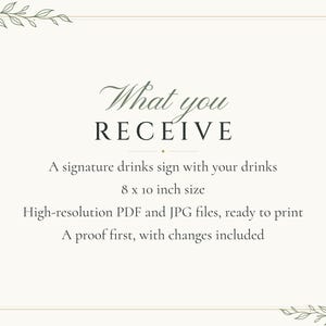 Panneau personnalisé pour boissons signature, panneau de bar de mariage avec illustration botanique, menu de cocktails minimaliste, fichier numérique imprimable 8x10 image 5