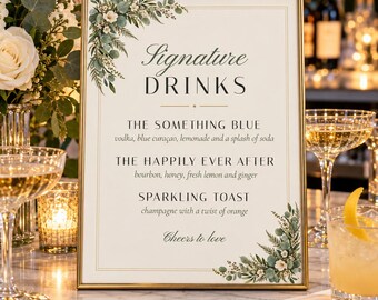Aangepast cocktailbord, groen bruiloft barbord, eucalyptus cocktailmenu, printbaar digitaal bestand (8x10 inch)
