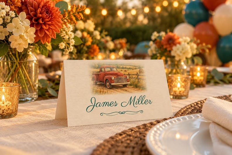 Birthday Welcome Sign and Name Tents Set, Vintage Edition, Vintage Truck Birthday Decor, Custom Printable Digital Files image 3