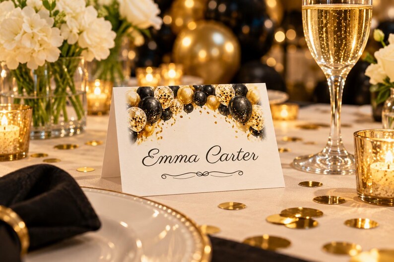 Birthday Welcome Sign and Name Tents Set, Cheers to 60 Years, Black and Gold Balloon Arch Birthday Decor, Custom Printable Digital Files image 3