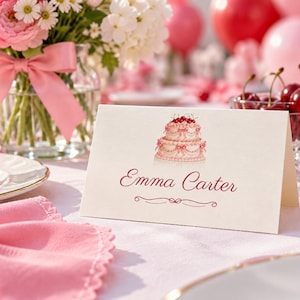 Birthday Name Tents, Pink Vintage Cake Place Cards, Vintage Cake Birthday Dinner Table Decor, Custom Printable Digital File image 1