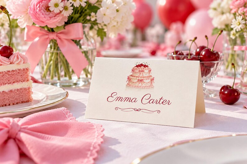 Birthday Name Tents, Pink Vintage Cake Place Cards, Vintage Cake Birthday Dinner Table Decor, Custom Printable Digital File image 1