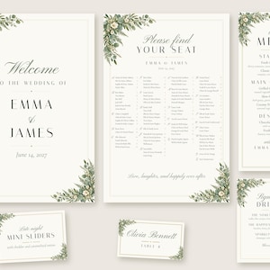 Pakket met gepersonaliseerde trouwborden, welkomstbord met groen, tafelindeling, naamkaartjes, menu- en barbord, printbare digitale bestanden. afbeelding 1